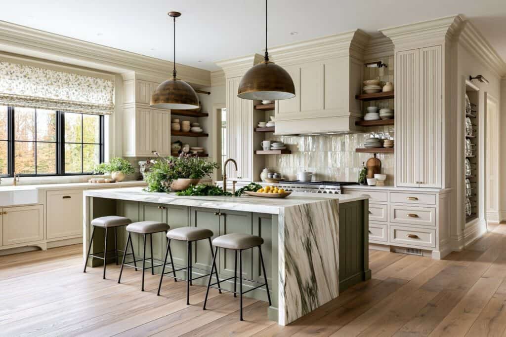Cream kitchen with a sage green island, white and green marble waterfall countertop, and antique brass dome pendant lights