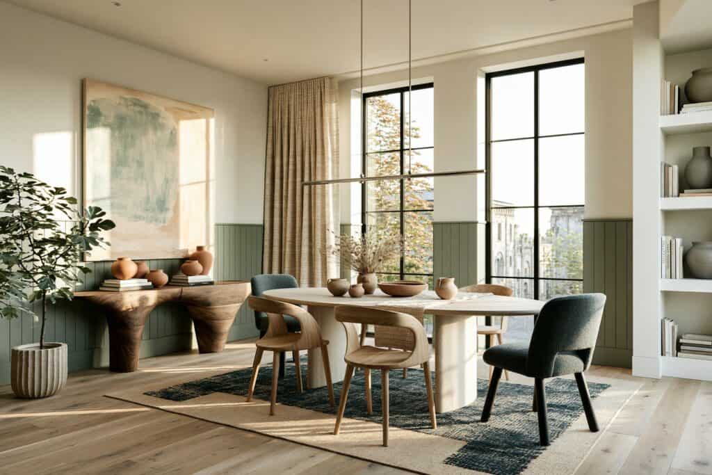 Calm dining room with a white oak table, indigo upholstered chairs and warm chalk white walls in soft morning light