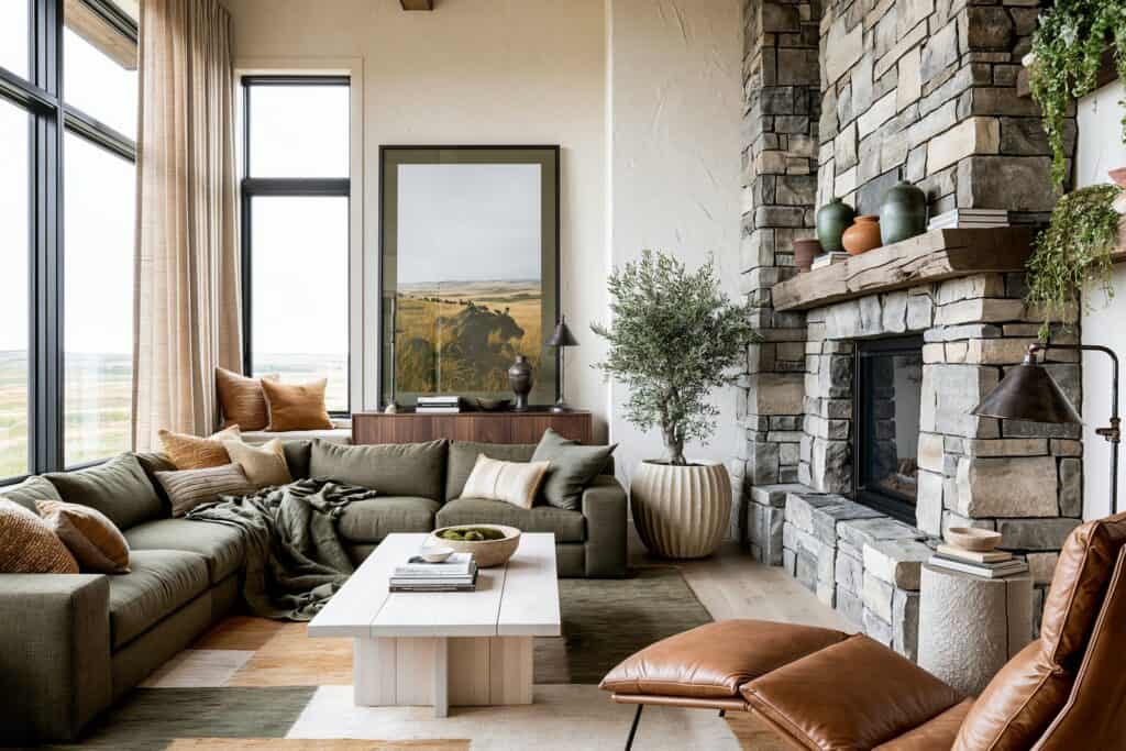 Warm living room built for the Alberta prairie with a mossy olive sofa, fieldstone fireplace and large windows in afternoon light