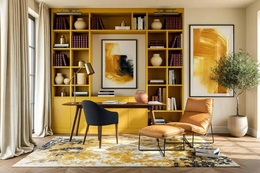 Sunlit study with saffron ochre built-in bookcases, a walnut desk and an inky navy upholstered chair