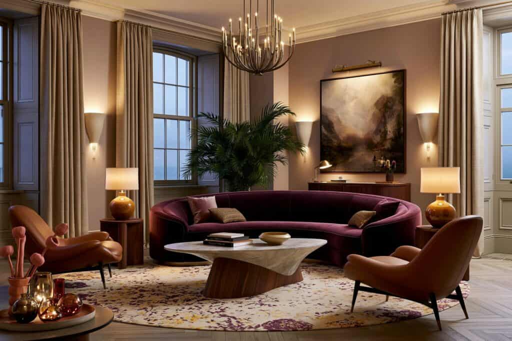 Living room in early evening with a plum velvet sofa, champagne bronze chandelier, table lamps and wall sconces all lit