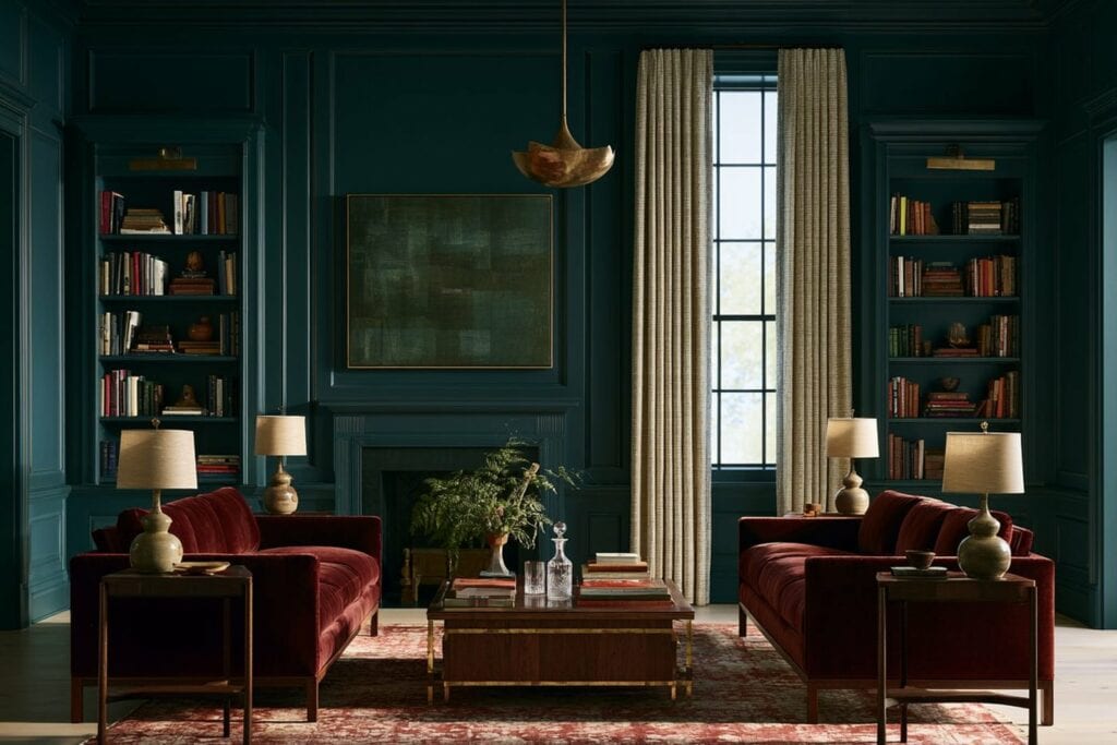 A deep teal panelled living room with built-in bookshelves, symmetrical velvet sofas, brass lamps and a faded Persian rug