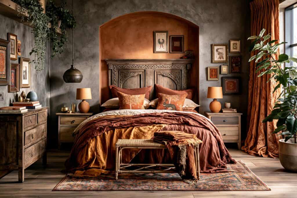 Layered bedroom with a carved teak headboard, rust and ochre textiles, a vintage kilim rug and clay plaster walls