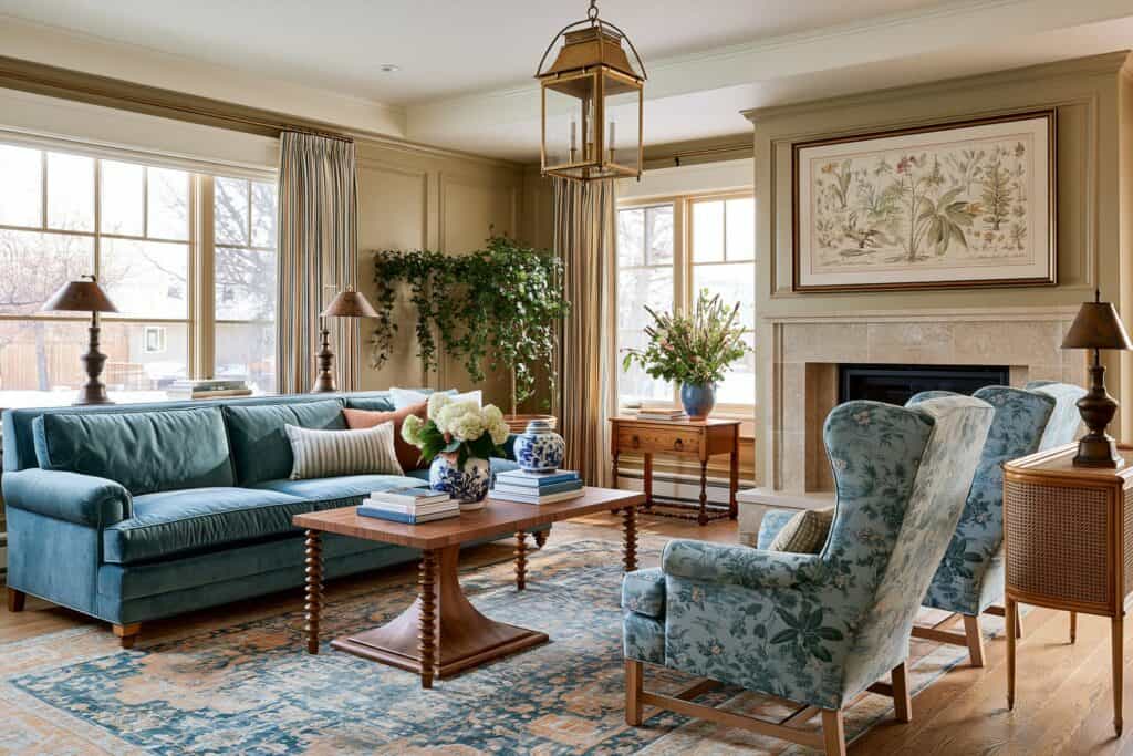 Refined Traditionalist living room with a petrol-blue velvet sofa, botanical armchairs and a faded antique Persian rug